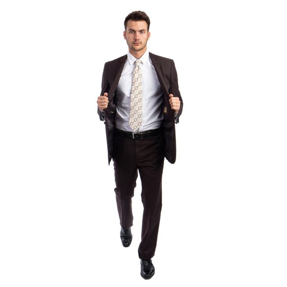 Mens 2pc Modern Fit Suit Notch Lapel, Chocolate Brown - Picture 3 of 4